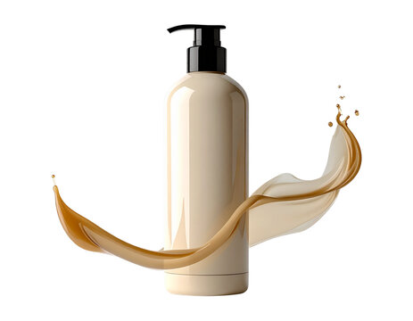 A beige bottle with a black pump dispenser and a splash of liquid.