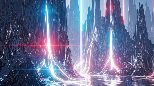Futuristic neon energy streams illuminating a sharp abstract landscape in vibrant electric hues