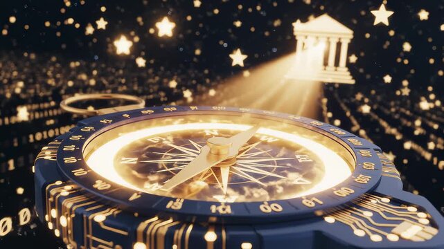 Stylized Compass Guides Towards Temple Within Digital Universe