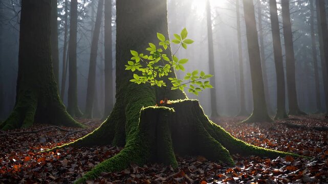 A small sapling growing from an old tree stump in the middle of a misty forest, soft sunlight shining through the fog, symbol of rebirth and hope, nature resilience