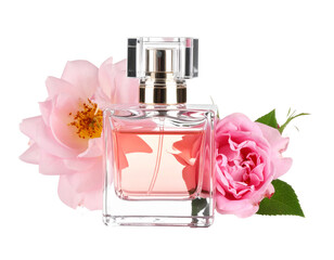 Elegant Perfume Bottle Surrounded by Delicate Pink Roses.