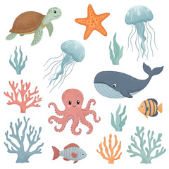 Colorful sea creatures and coral isolated on transparent background