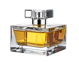 Elegant Glass Perfume Bottle with Golden Liquid.