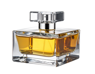 Elegant Glass Perfume Bottle with Golden Liquid.