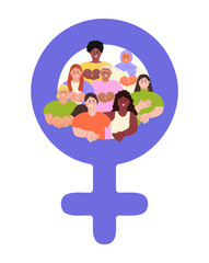 Diverse happy women with open palms, hands giving gesture, arranged in Venus female symbol. Give To Gain IWD 2026 concept. International Women's day flat vector illustration on transparent background
