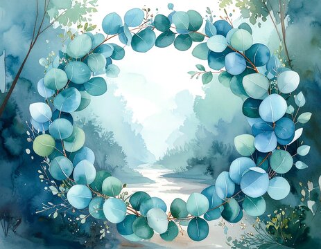 A watercolor painting features an eucalyptus wreath framing a misty forest path with light peeking through the trees - Powered by Adobe