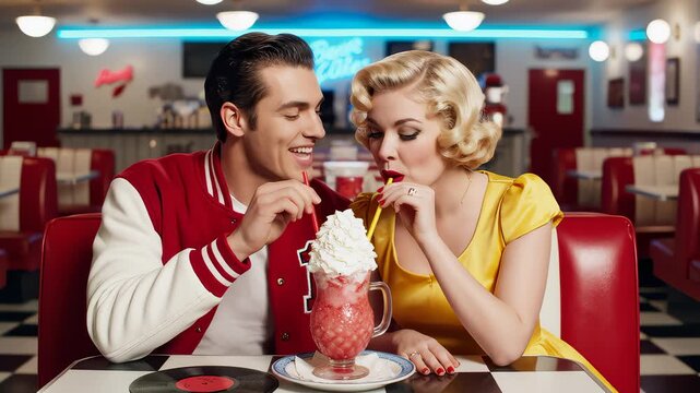 Retro Couple Sharing Milkshake at Diner in the 1950s