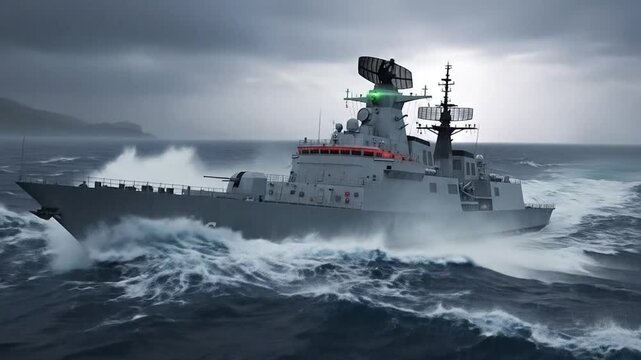 Warship frigate scanning the stormy sea with operational radar.