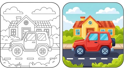 Fototapeta premium Side-by-side comparison of a black and white drawing and its colored version depicting a house with a red jeep parked on the road in front.
