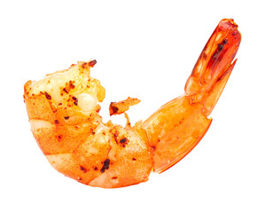 A single cooked shrimp tail with seasoning on a white background.