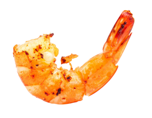 A single cooked shrimp tail with seasoning on a white background.