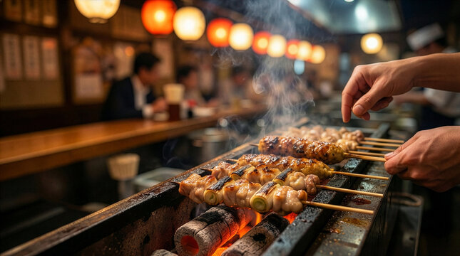 Assorted Yakitori grilled chicken skewers on a plate in a Japanese Izakaya style