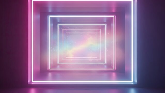 Futuristic neon geometric tunnel with glowing rectangular frames in vibrant pink and purple hues