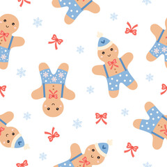 Winter gingerbread man seamless pattern in pastel cartoon style. Cozy Christmas cookies, Tasty bakery, Holiday background.
