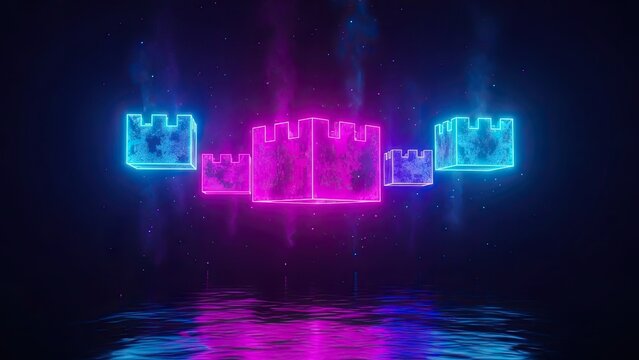 futuristic neon glowing castle battlements floating over reflective water in a dark cosmic