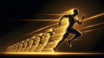 Man running ahead of others with glowing yellow light trail