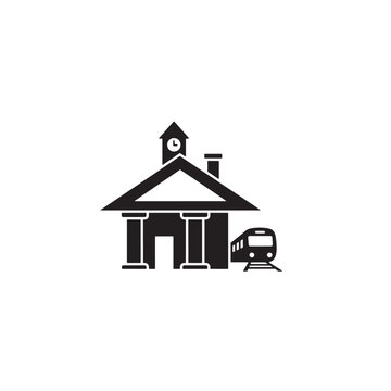 Vector illustration of a train station or railway station building with clock tower and train, isolated on transparent background, png
