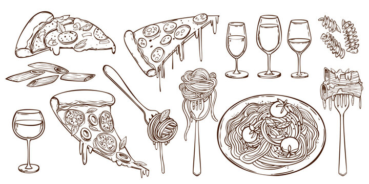 Italian pasta illustration with pizza slices and wine glasses. Hand drawn food doodle set with spaghetti on plates, penne pasta pieces and tomatoes. Line art mediterranean restaurant menu design icon