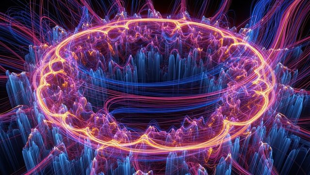 Futuristic neon glowing circular energy ring with vibrant dynamic electric waves and abstract