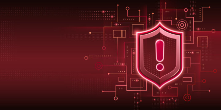 Cyber security alert with glowing red shield icon, exclamation mark and circuit board elements on dark backdrop. Digital threat concept - luminous protective shield symbol surrounded by tech patterns.