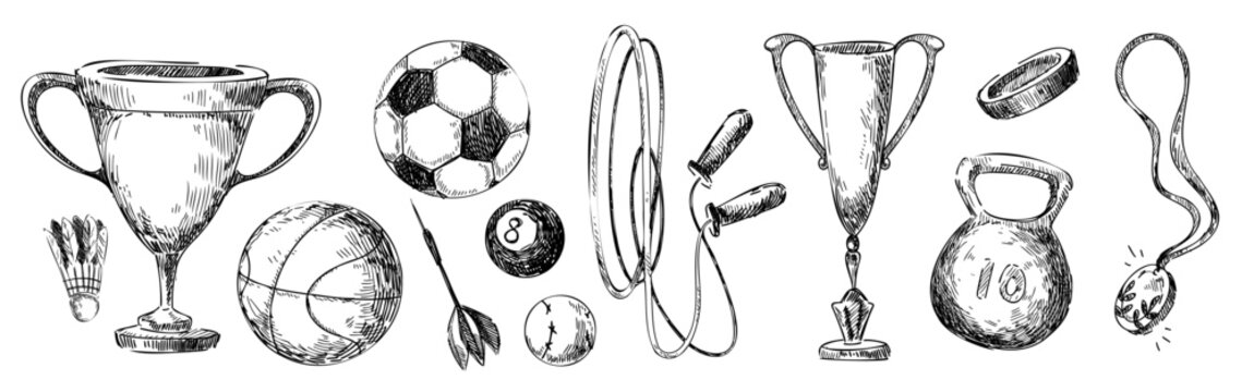 Sport equipment doodle set with vintage hand drawn icons. Trophy cup with soccer ball, kettlebell and jump rope with athletic gear sketched in retro line art style on white bg for fitness design.
