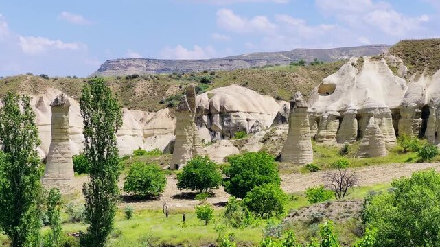 The Valley of Love in Goreme National Park. Unique rocks of various shapes. Sandstone cliffs. The wonders of Cappadocia are rock formations. The unusual shapes of the rocks are the property of Turkey.
