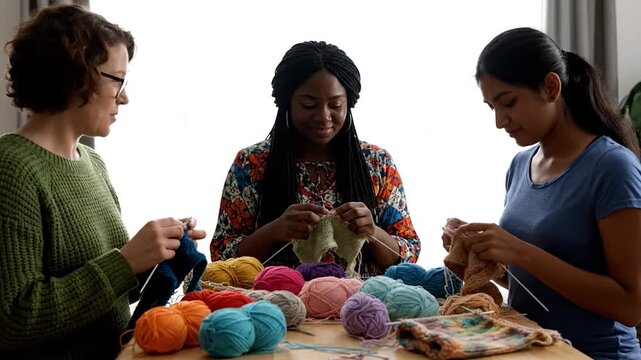 Three women, each engrossed in knitting, gather around a table with yarn of various colors