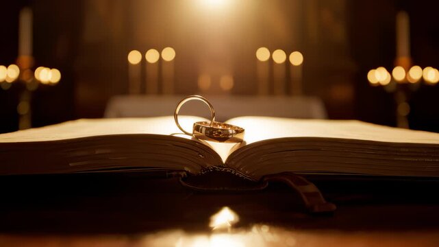 Wedding Rings Placed on Bible During Ceremony in Soft Light