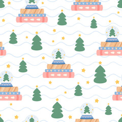 Winter seamless pattern with books, christmas trees and snow globe. Christmas bookish background, Book lover print, Cozy reading, Pastel bookstore vector illustration.