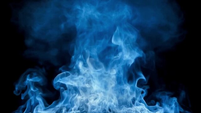 Blue flame plume showing pure fire turbulence and realistic heat textures, isolated on black background, cinematic 4k.