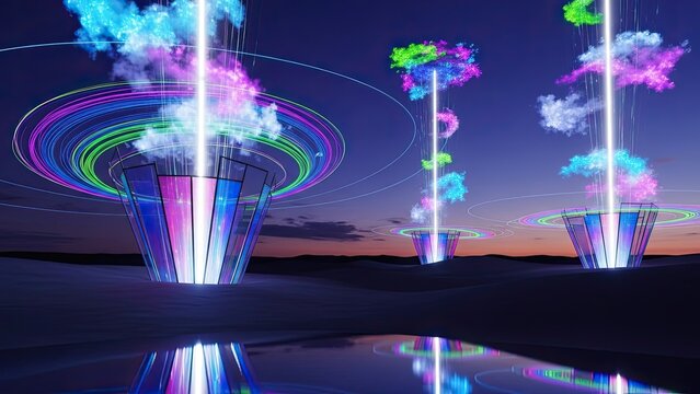 Futuristic Neon Light Installations with Vibrant Clouds and Circular Patterns at Twilight