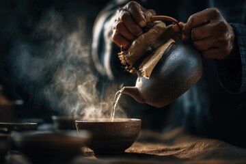 cinematic close-up of a traditional tea ceremony