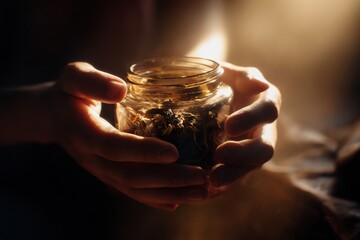 dark moody shot of hands opening or holding a glass jar filled with dried tea leaves