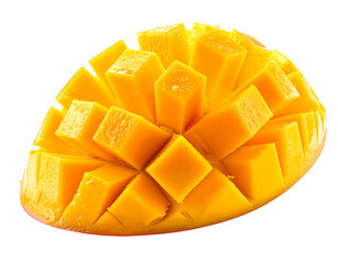 Freshly Cut Mango Slice Showing Cubed Flesh and Skin.