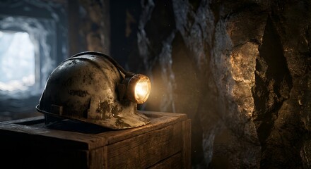 Hard Hat with Lamp in Dark Mine Shaft