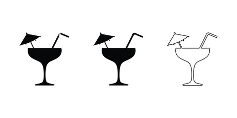 Minimal cocktail glass set with straw and umbrella, Black and outline drink symbols
