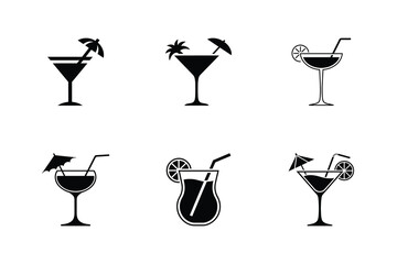 Black tropical cocktails and martini glasses silhouette set