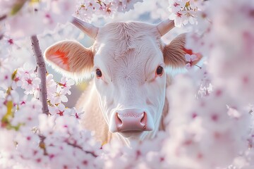 A beautiful close-up of a cow framed by blooming cherry blossoms, with soft pastel colors enhancing the tranquility and natural grace of the scene.