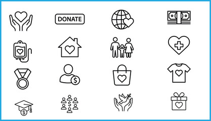 Fototapeta premium Set of 16 black line icons for charity, donation, and social support themes, ideal for vector illustration content