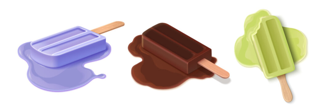 Melting ice cream popsicle with chocolate, pistachio or fruity flavor on white. 3d realistic illustration of wooden stick and dripping puddle. Summer frozen dessert with fallen treat, liquid splash