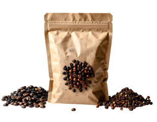 Brown Kraft Pouch Bag Filled with Coffee Beans and Scattered Beans.