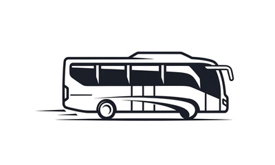 Modern monochrome coach bus illustration icon representing long distance travel, public transportation, tourism, and minimal line art design concept