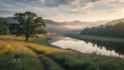 Serene Misty River Valley at Sunrise with Solitary Tree