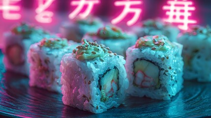 Cyberpunk Style Sushi Rolls with Pink Neon Sign Background in Night Club