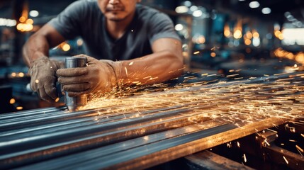 Medium shot of skilled worker shaping long nonferrous rods in an industrial workshop using precision tools for highquality manufacturing.