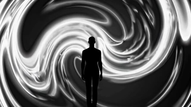 Human silhouette entering abstract light tunnel concept