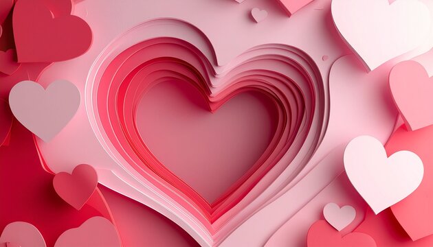 Fondo rom&aacute;ntico estilo corte de papel (paper cut) con capas onduladas en tonos rosas y corazones decorativos. Dise&ntilde;o 3D elegante con espacio central para texto, ideal para San Valent&iacute;n.