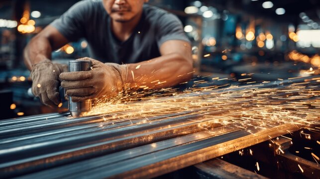 Medium shot of skilled worker shaping long nonferrous rods in an industrial workshop using precision tools for highquality manufacturing. - Powered by Adobe