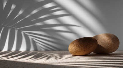 Two textured, rounded objects rest on a surface beneath dramatic palm frond shadows cast by bright sunlight.