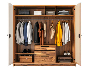 Open Wooden Wardrobe Filled With Clothes And Accessories.